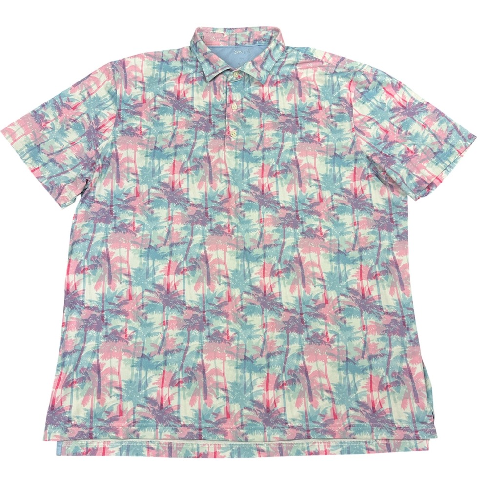Johnnie O Golf Mens XL Polo Shirt Pink Blue Palm Tree Tropical Performance Pique - Picture 2 of 5